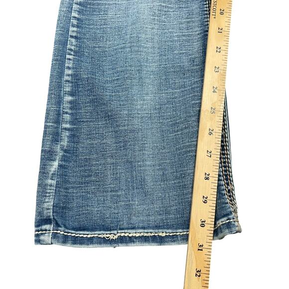 Ariya Jeans Sz 7/8 Y2K Flare Low Rise Flap Pocket Embroidered Distressed Stretch - Picture 5 of 10